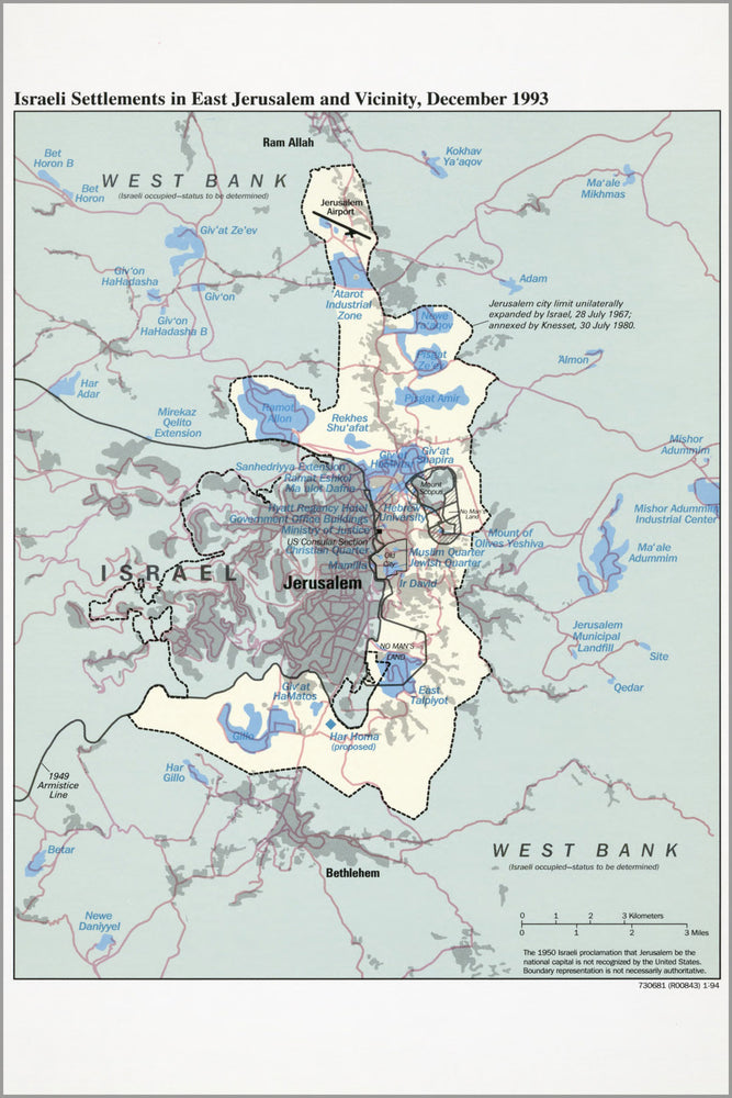 24"x36" Gallery Poster, cia map of jerusalem 1994