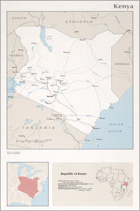 24"x36" Gallery Poster, cia map of kenya 1976