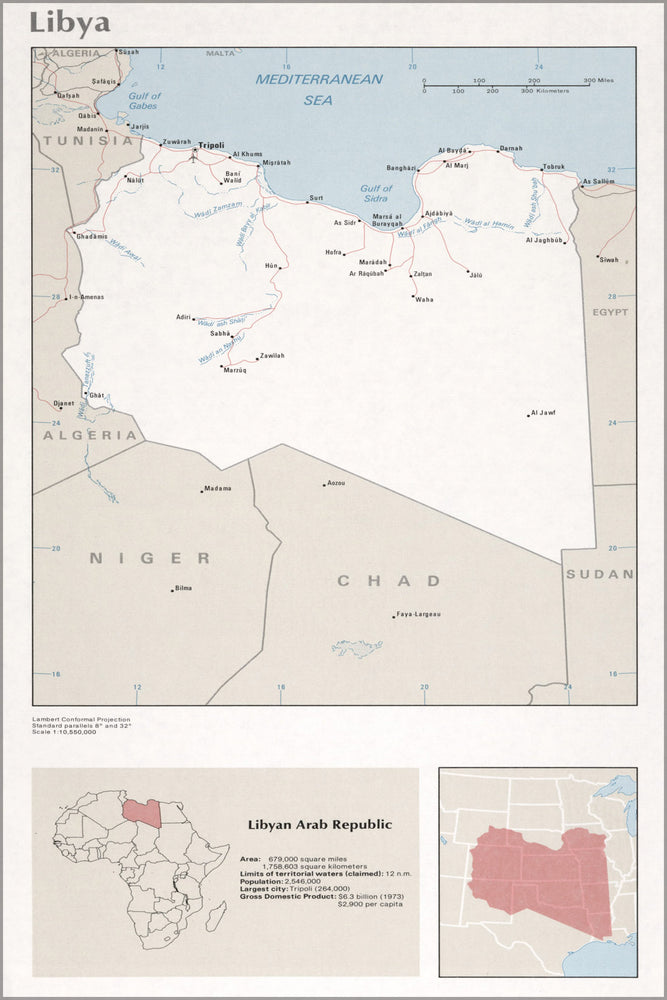 24"x36" Gallery Poster, cia map of libya 1976