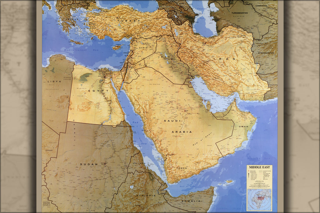 24"x36" Gallery Poster, cia map of middle east iraq iran israel 1993 p2