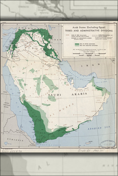 24"x36" Gallery Poster, cia map of saudi arabia iraq syria; tribes and administrative divisions 1947