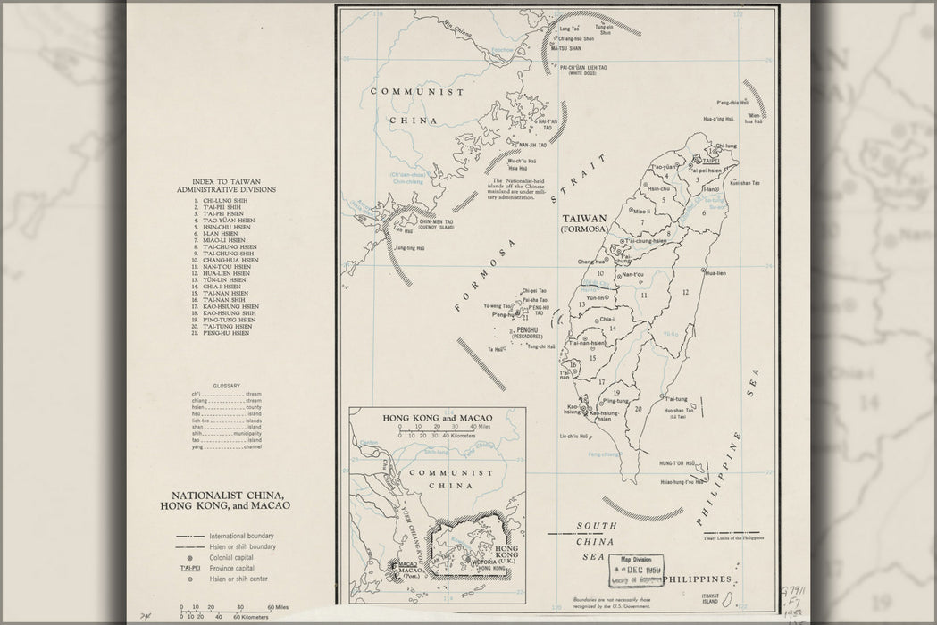 24"x36" Gallery Poster, cia map of taiwan, Hong Kong, and Macao 1958