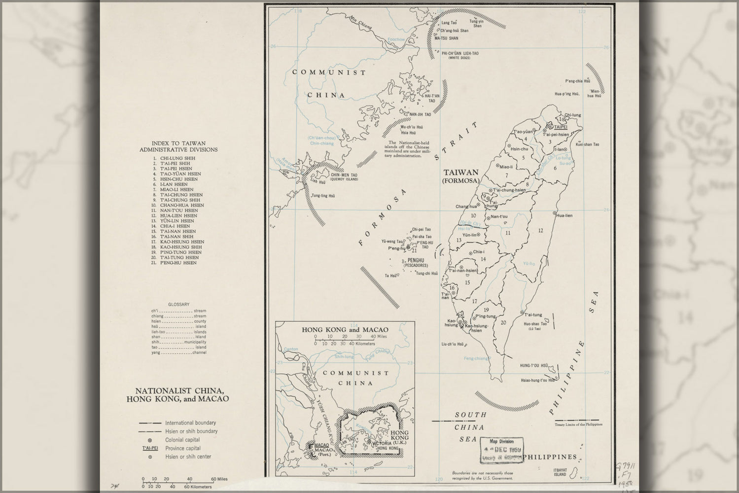 24"x36" Gallery Poster, cia map of taiwan, Hong Kong, and Macao 1958