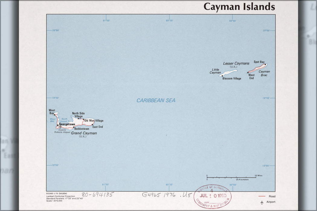 24"x36" Gallery Poster, cia map of the Cayman Islands 1976