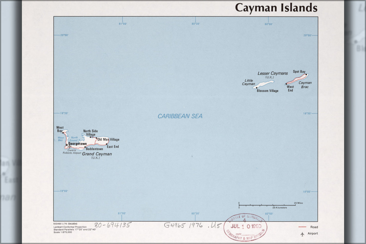 24"x36" Gallery Poster, cia map of the Cayman Islands 1976