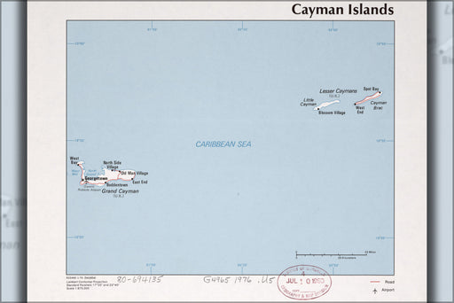 24"x36" Gallery Poster, cia map of the Cayman Islands 1976