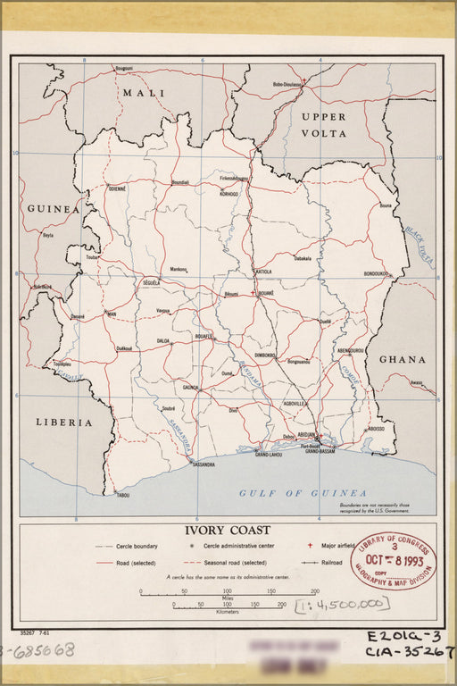 24"x36" Gallery Poster, cia map of the Ivory Coast 1961