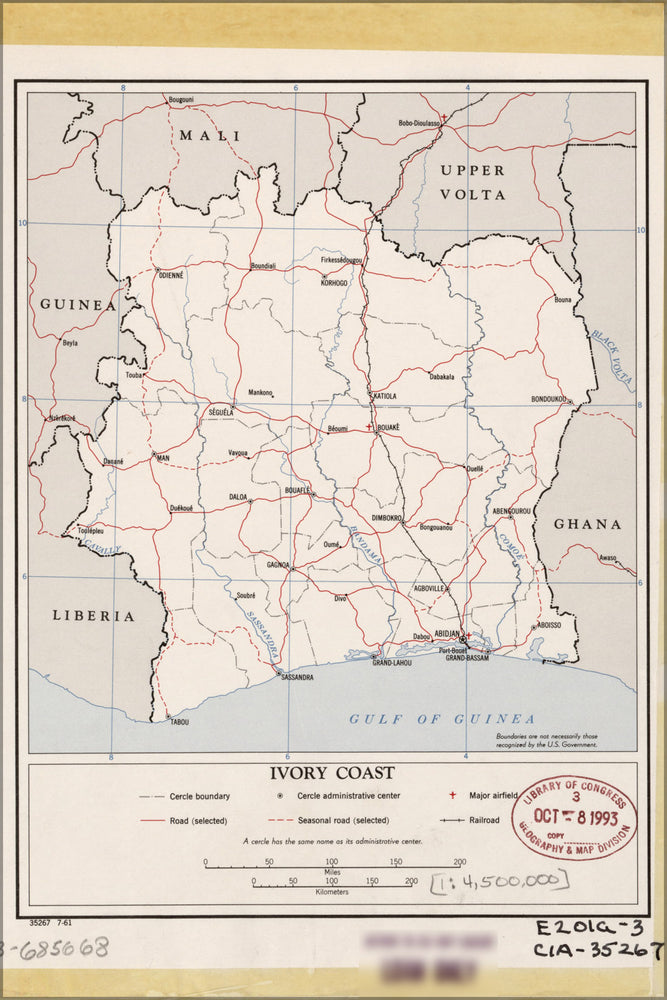 24"x36" Gallery Poster, cia map of the Ivory Coast 1961