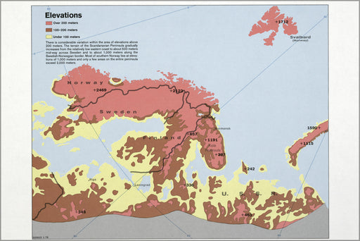 24"x36" Gallery Poster, cia map scandinavia Elevations sweden norway 1978