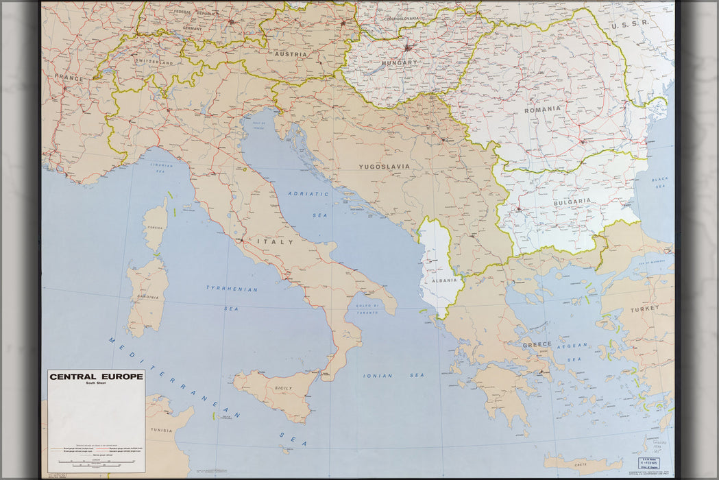 24"x36" Gallery Poster, cia map southern Central Europe italy greece 1973