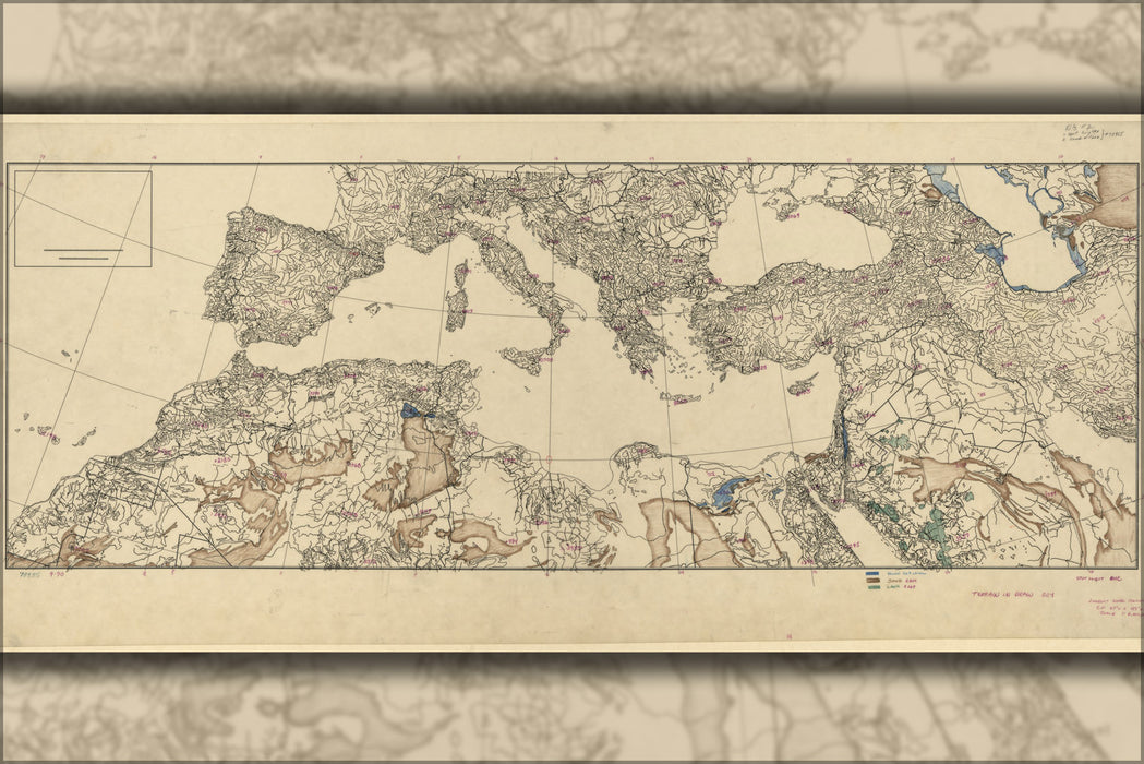 24"x36" Gallery Poster, cia terrain map of S. Europe and N. Africa P1