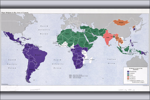 24"x36" Gallery Poster, cia world map of religions in concern areas 1988