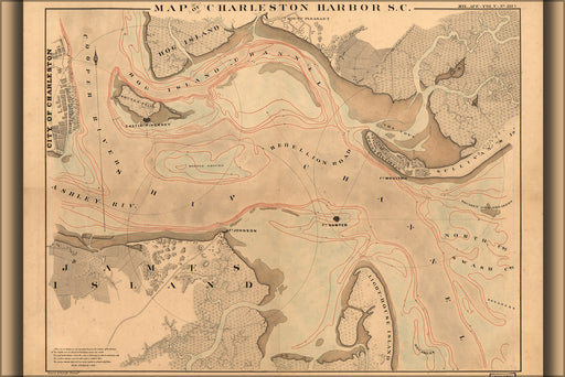 24"x36" Gallery Poster, civil war Map of Charleston Harbor, S.C