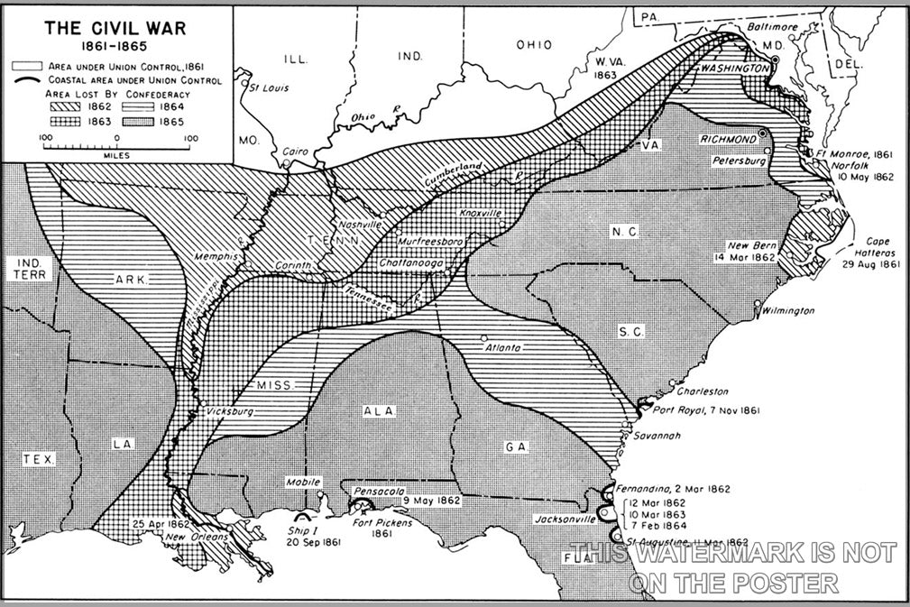24"x36" Gallery Poster, civil war Map of Confederate territory losses - Copy