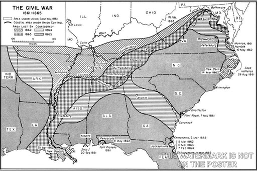 24"x36" Gallery Poster, civil war Map of Confederate territory losses