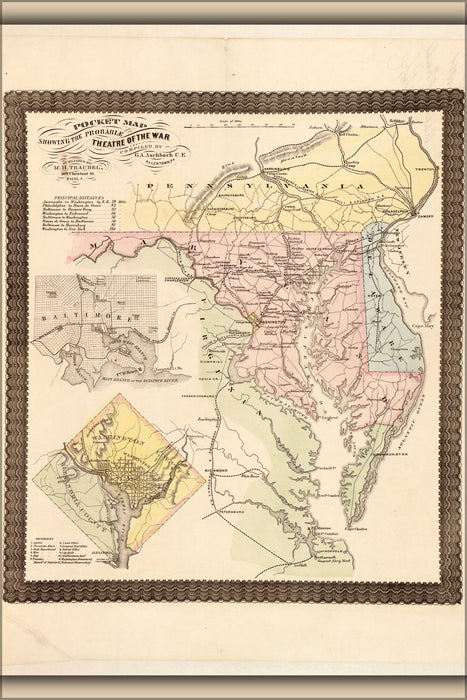 24"x36" Gallery Poster, civil war Map of Maryland, Delaware, and parts of Pennsylvania and Virginia, 1861