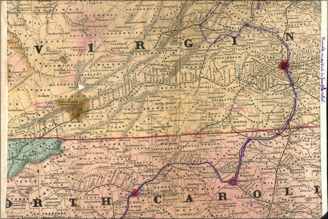 24"x36" Gallery Poster, civil war Map of Mosby's route Virginia & North Carolina 1863