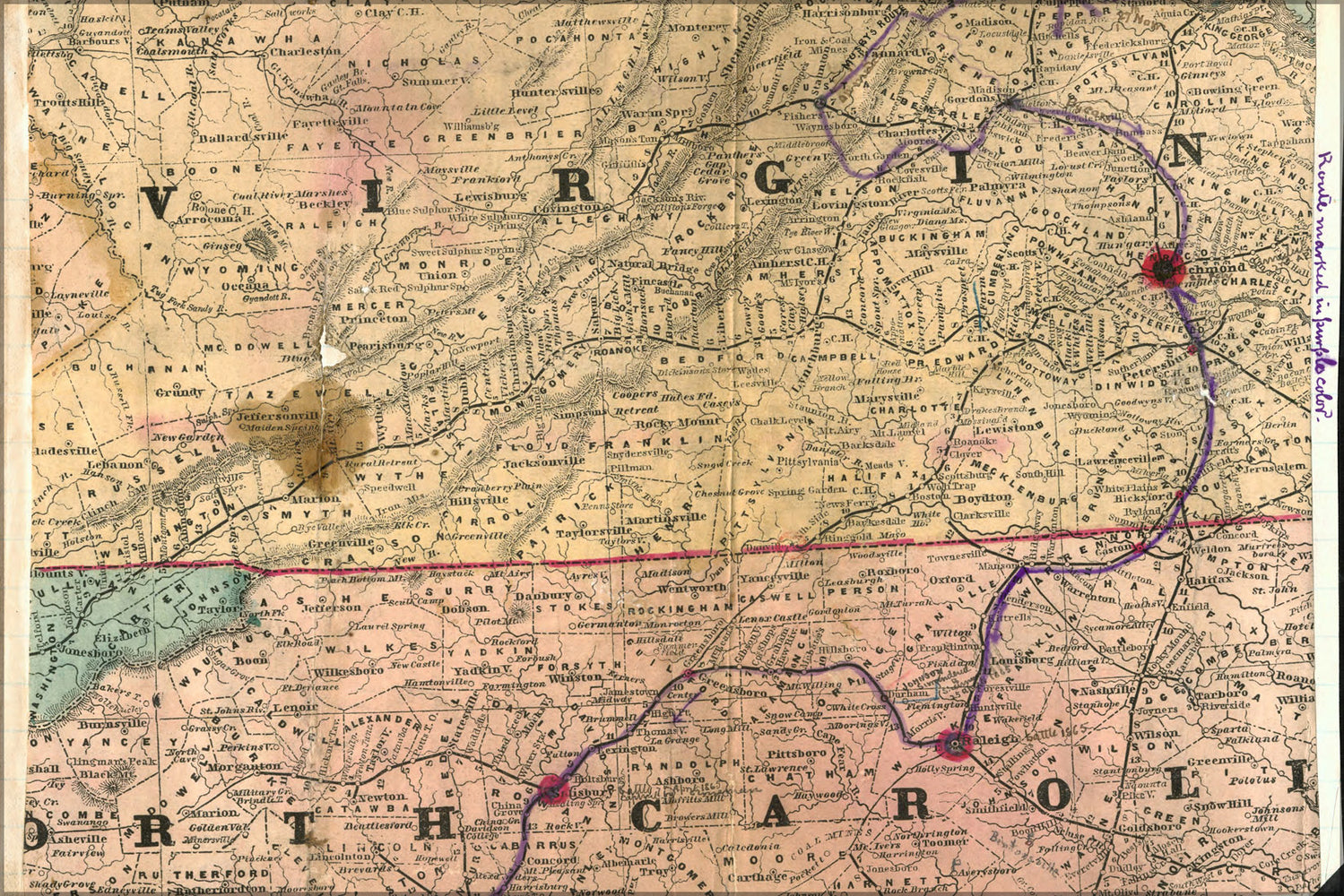 24"x36" Gallery Poster, civil war Map of Mosby's route Virginia & North Carolina 1863
