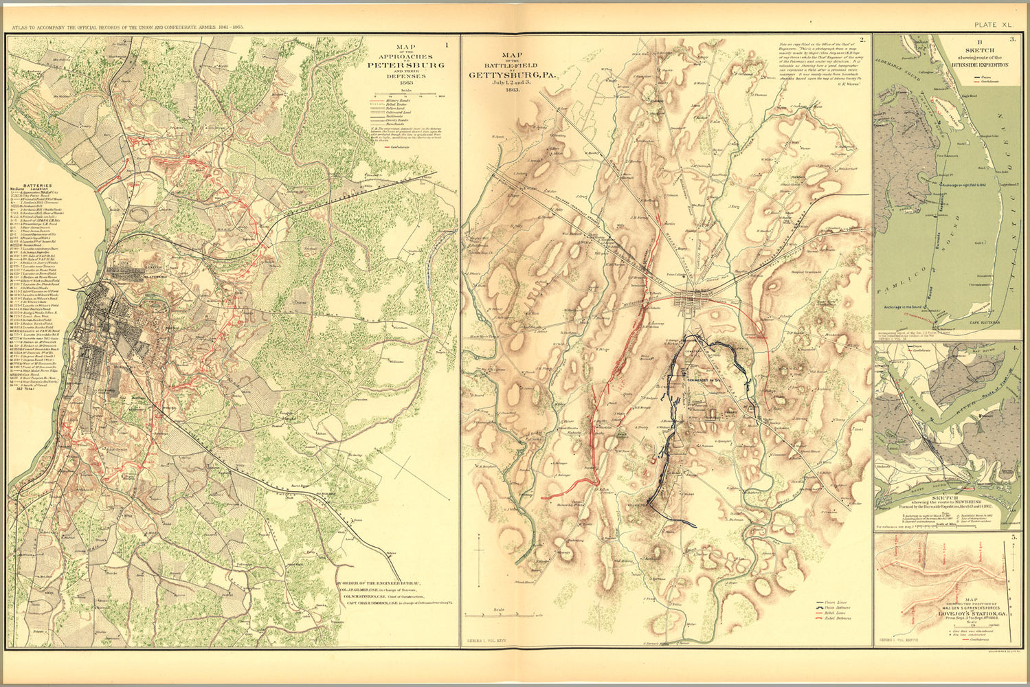 24"x36" Gallery Poster, civil war battle map Petersburg, Gettysburg (PA), Burnside Expedition, Lovejoy's Station (GA)