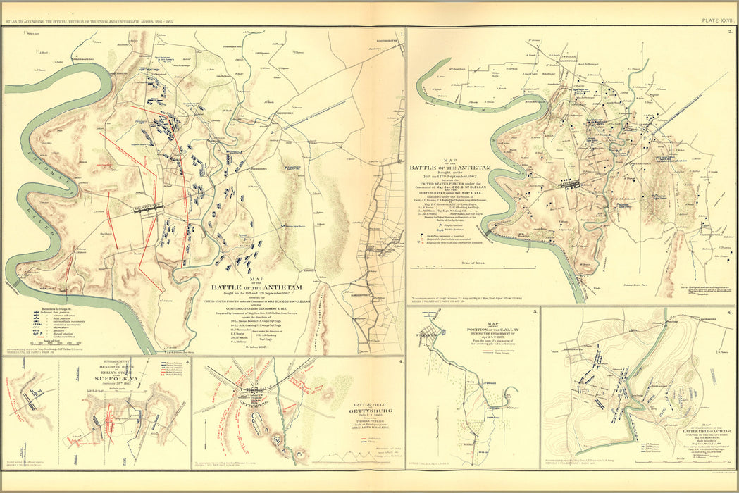 24"x36" Gallery Poster, civil war battle map of Antietam, Suffolk, Gettysburg, Franklin