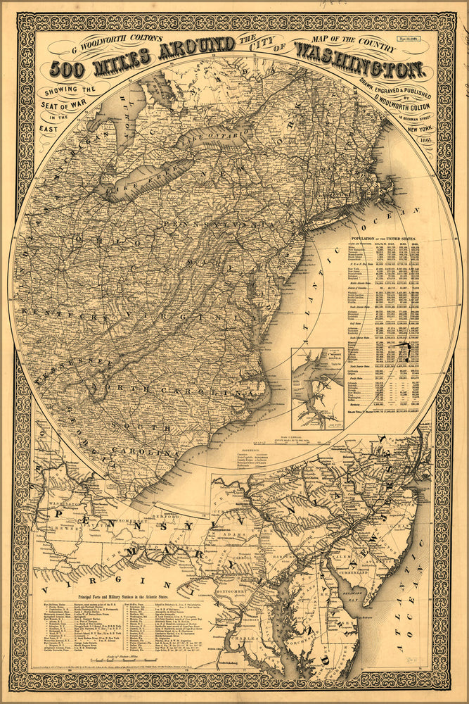 24"x36" Gallery Poster, civil war map 500 miles around Washington DC 1861