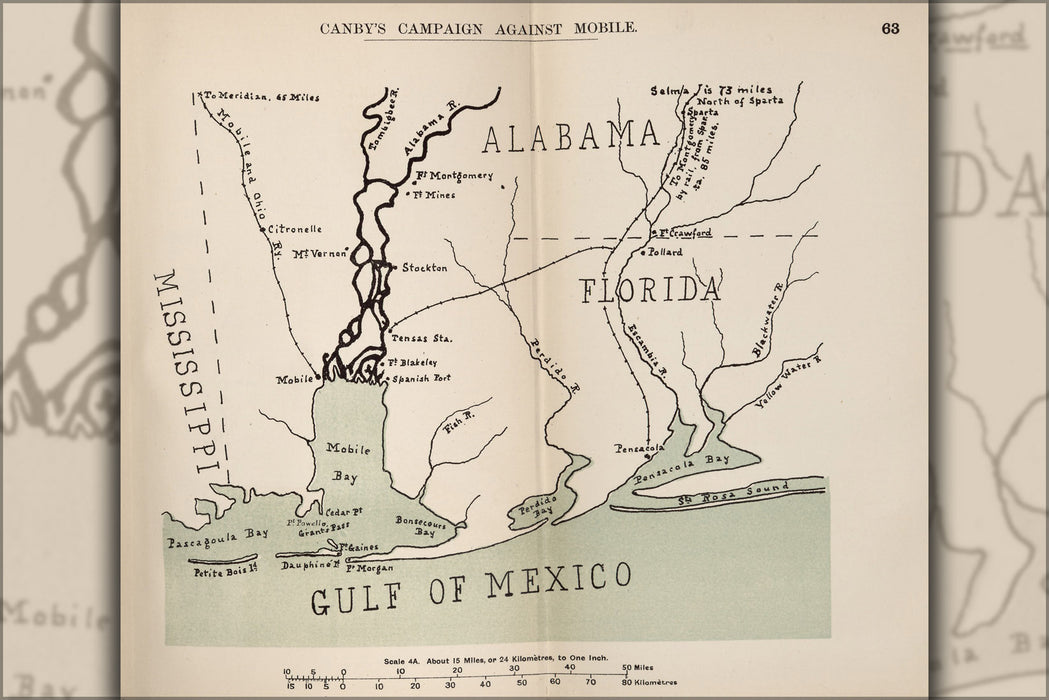 24"x36" Gallery Poster, civil war map Canby's Mobile alabama campaign