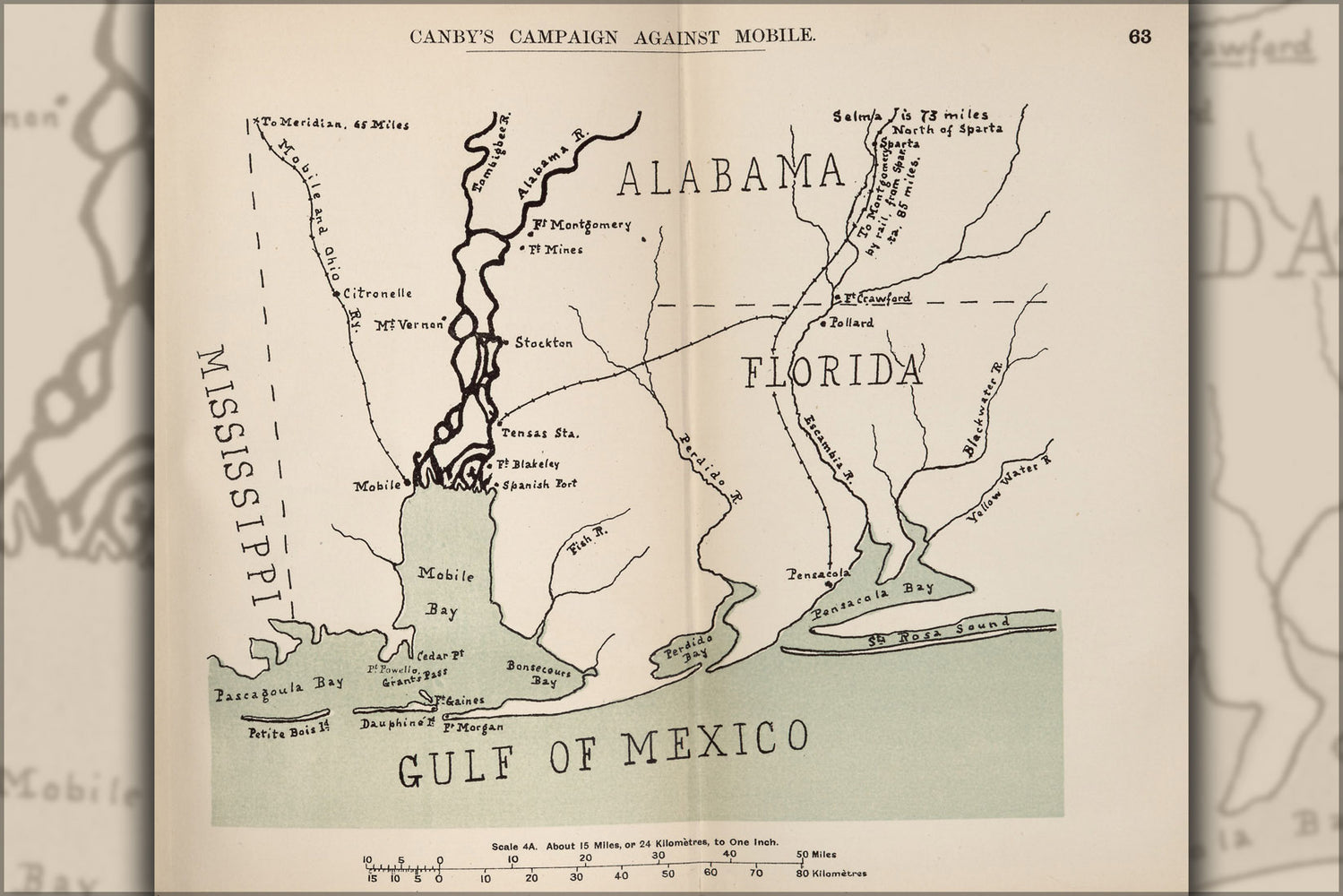24"x36" Gallery Poster, civil war map Canby's Mobile alabama campaign