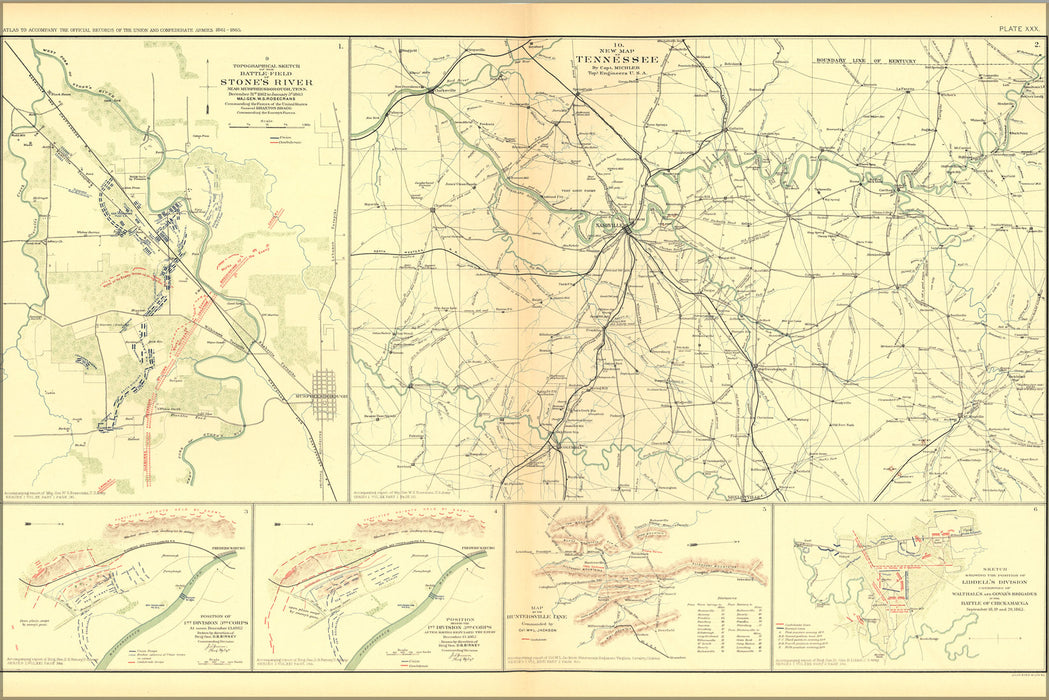 24"x36" Gallery Poster, civil war map Stone's River, Tennessee, Fredericksburg (VA), Huntersville Lane, Chickamauga