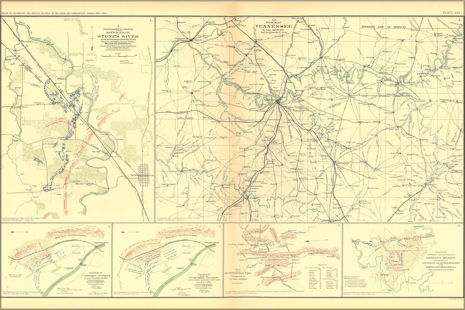 24"x36" Gallery Poster, civil war map Stone's River, Tennessee, Fredericksburg (VA), Huntersville Lane, Chickamauga
