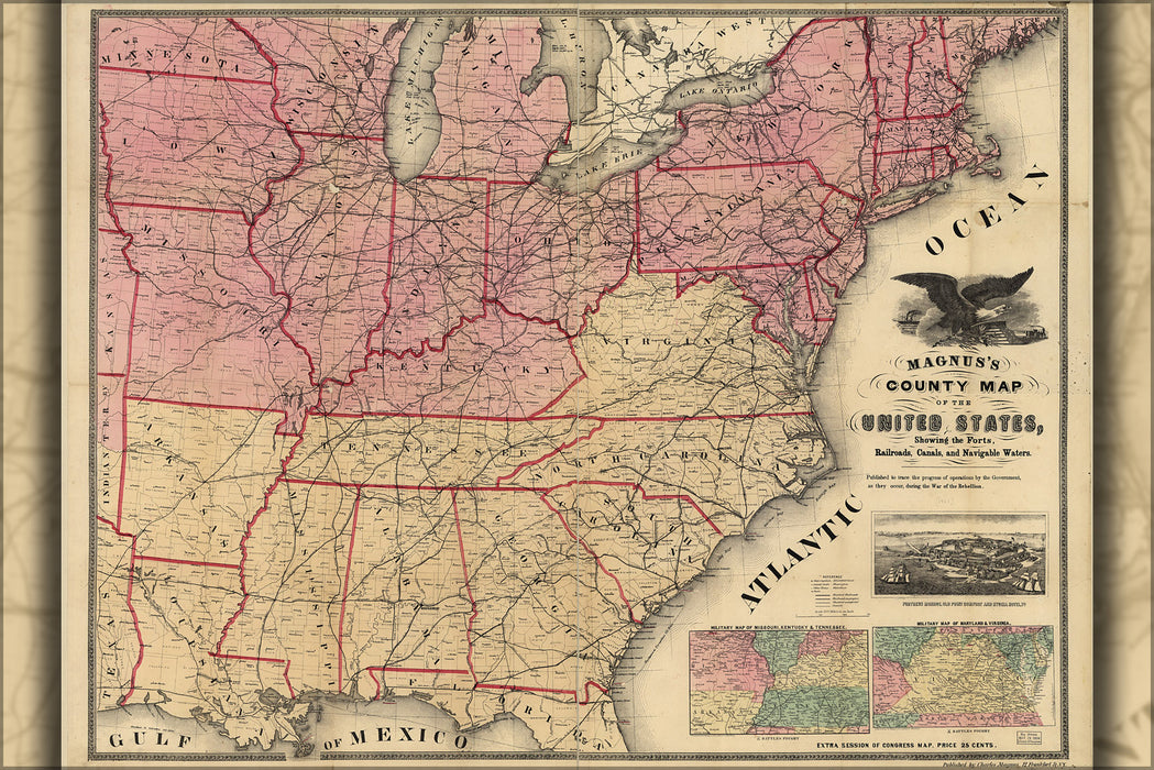 24"x36" Gallery Poster, civil war map United States forts railroads 1862