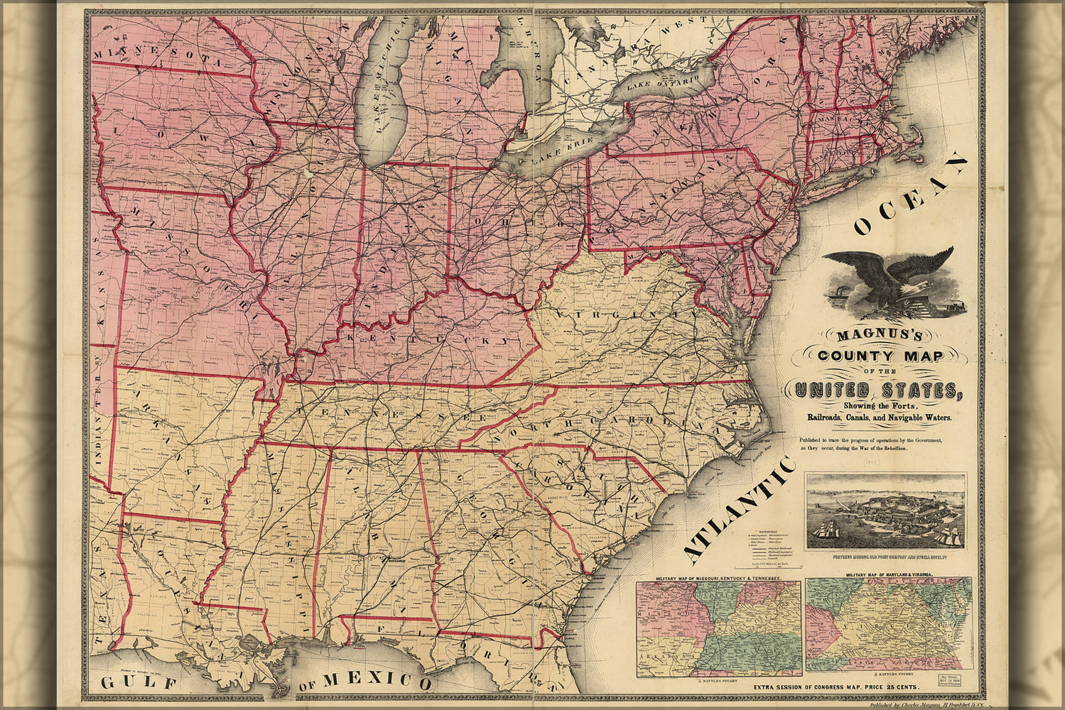 24"x36" Gallery Poster, civil war map United States forts railroads 1862
