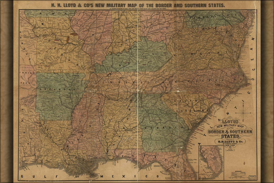 24"x36" Gallery Poster, civil war map border & southern states 1861