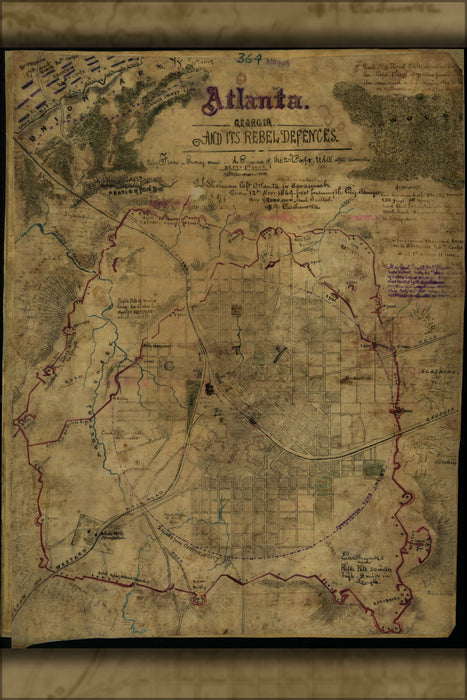24"x36" Gallery Poster, civil war map of Atlanta, Georgia and its rebel defences 1864