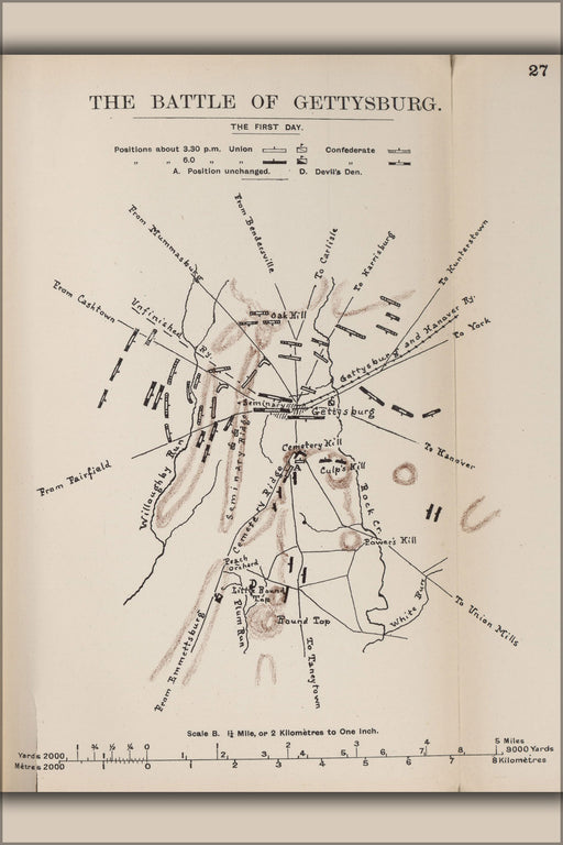 24"x36" Gallery Poster, civil war map of Battle of Gettysburg, the first day