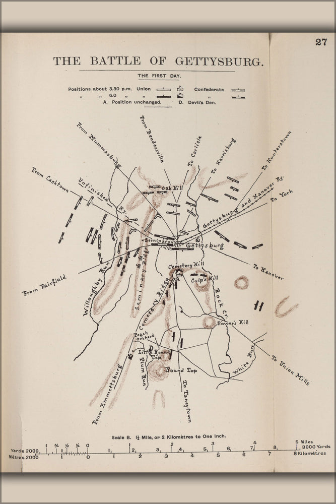 24"x36" Gallery Poster, civil war map of Battle of Gettysburg, the first day
