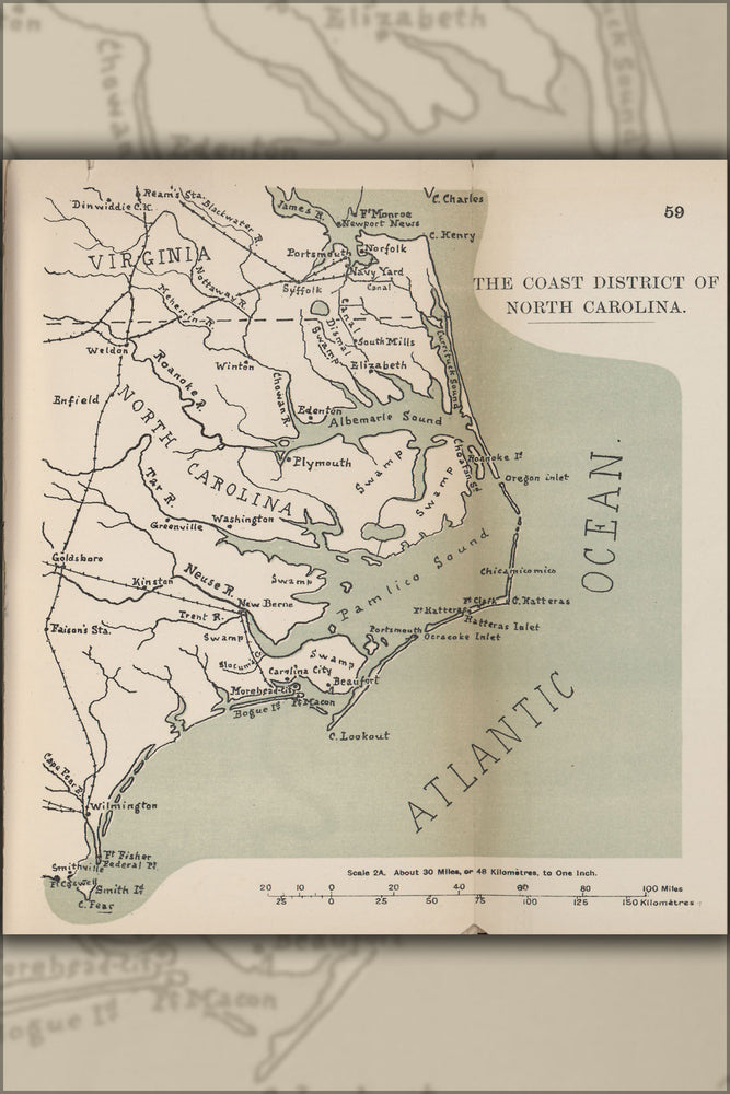 24"x36" Gallery Poster, civil war map of Coast District of North Carolina