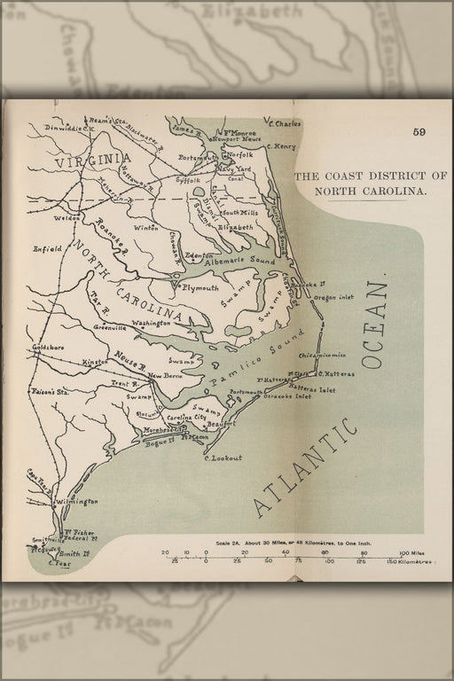 24"x36" Gallery Poster, civil war map of Coast District of North Carolina