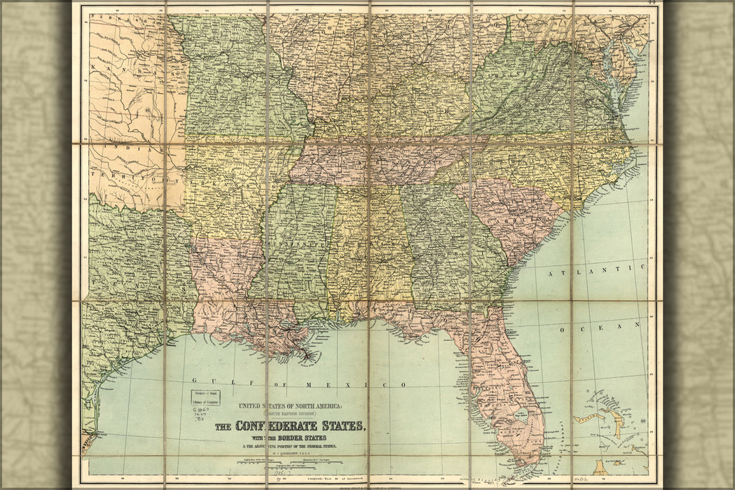24"x36" Gallery Poster, civil war map of Confederate states 1864