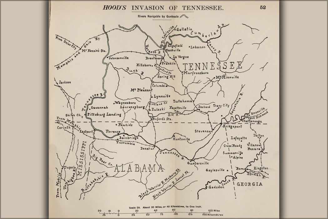 24"x36" Gallery Poster, civil war map of Hood's invasion of Tennessee