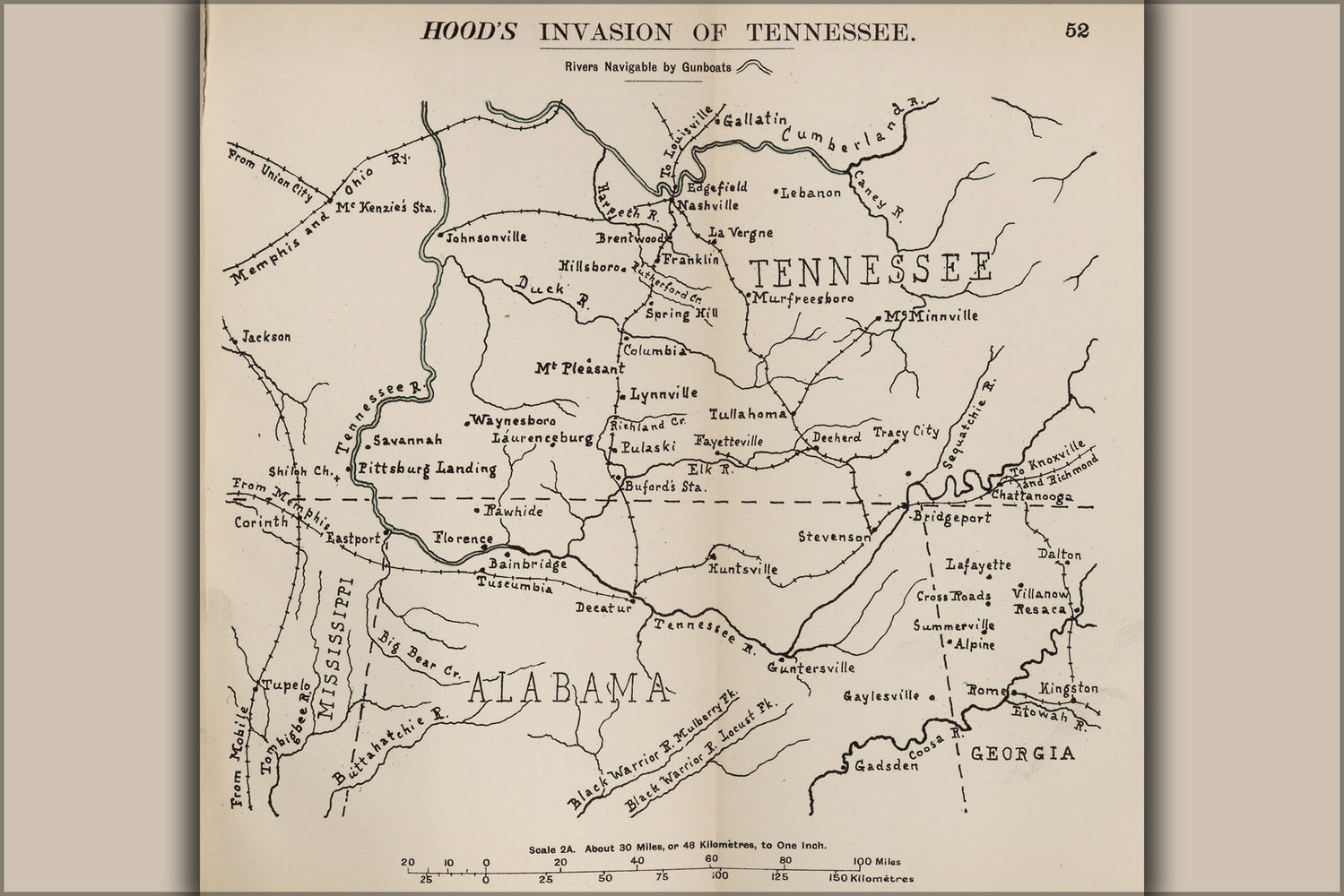 24"x36" Gallery Poster, civil war map of Hood's invasion of Tennessee