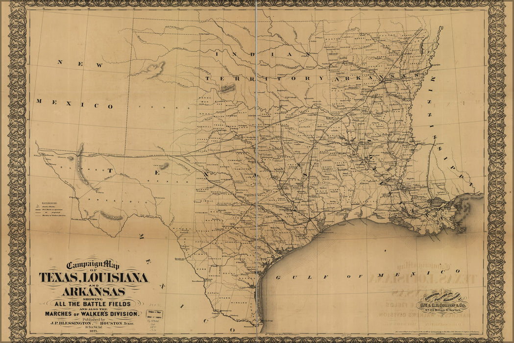 24"x36" Gallery Poster, civil war map of Texas Louisiana & Arkansas 1861-65