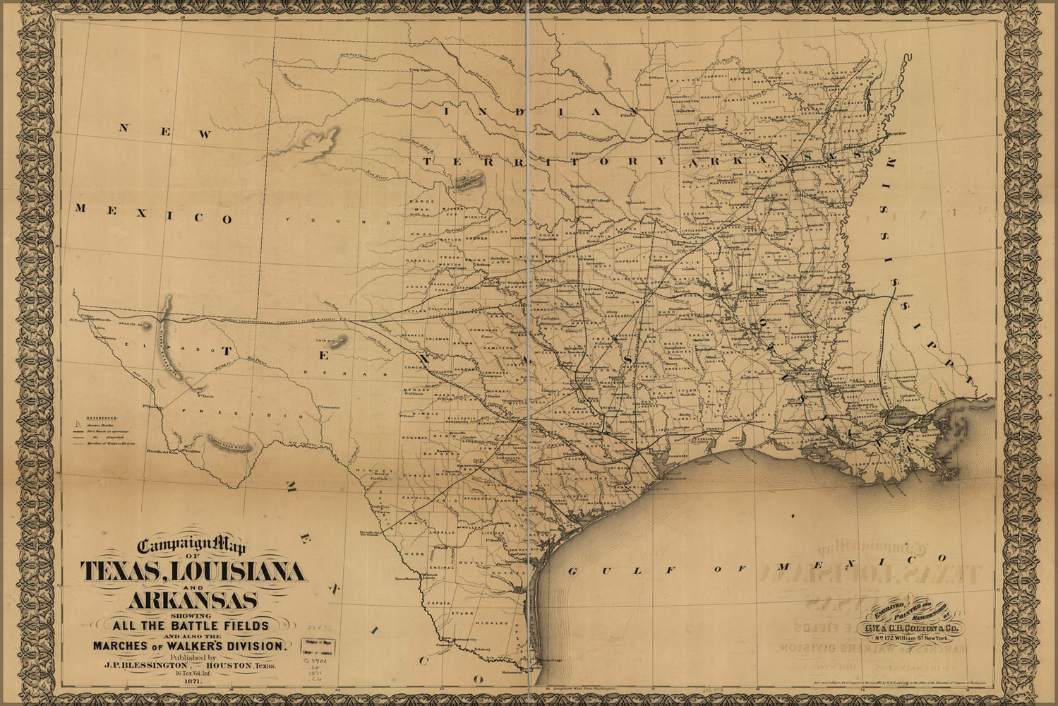 24"x36" Gallery Poster, civil war map of Texas Louisiana & Arkansas 1861-65