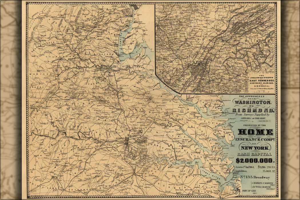 24"x36" Gallery Poster, civil war map of Washington d.c. to Richmond virginia 1862