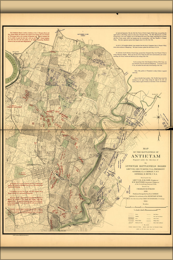 24"x36" Gallery Poster, civil war map of battle of antietam September 17, 1862, Daybreak