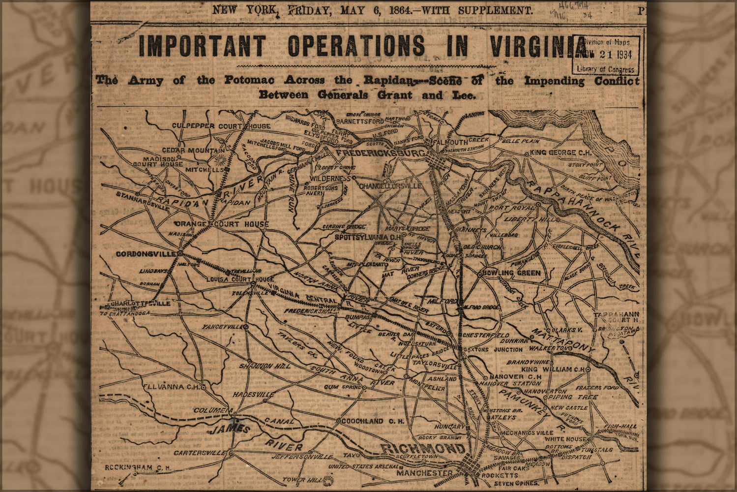 24"x36" Gallery Poster, civil war map of operations in Virginia 1864