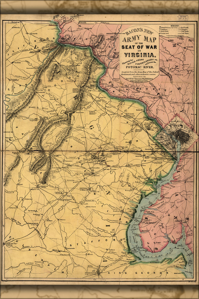 24"x36" Gallery Poster, civil war map of the seat of war in Virginia 1862