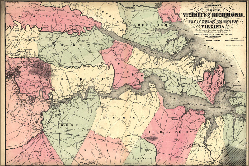 24"x36" Gallery Poster, civil war map vicinity of Richmond virginia 1862