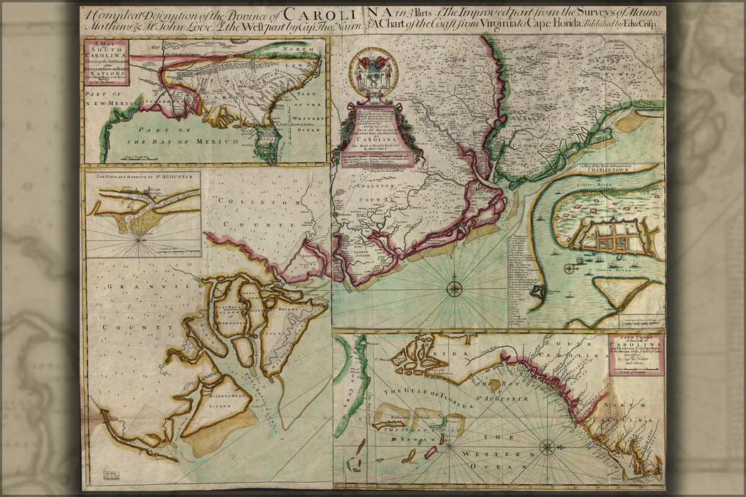24"x36" Gallery Poster, coast map North south Carolina georgia 1711