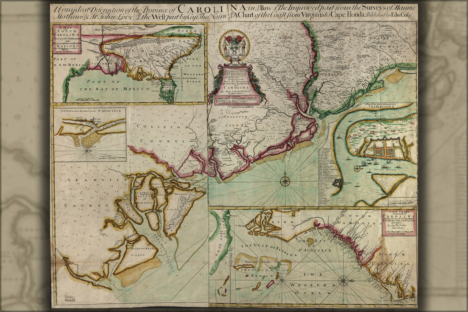24"x36" Gallery Poster, coast map North south Carolina georgia 1711