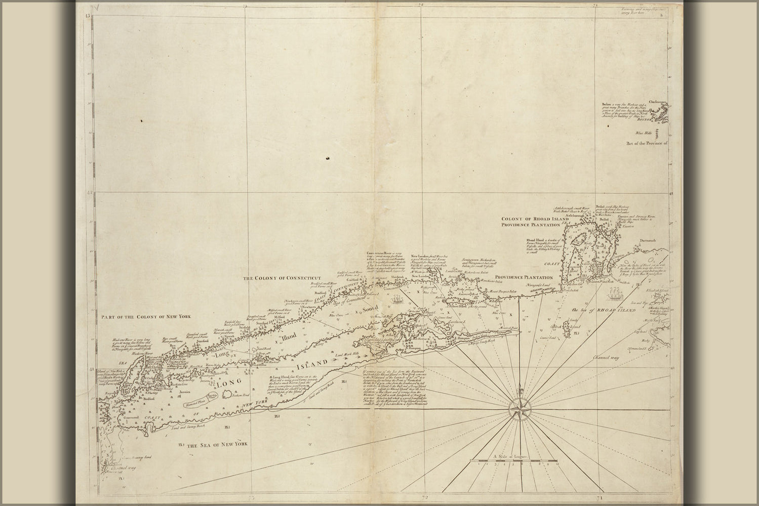 24"x36" Gallery Poster, coastal map of rhode island & long island 1734